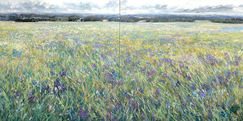 diptych, meadow, landscape, grey county, original art