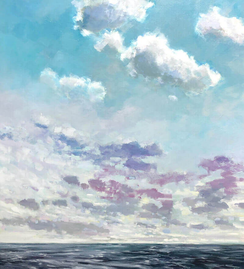 clouds over water, blue sky, purple and pink clouds