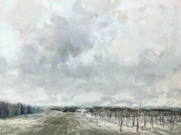clouds over orchard, grey, muted colours